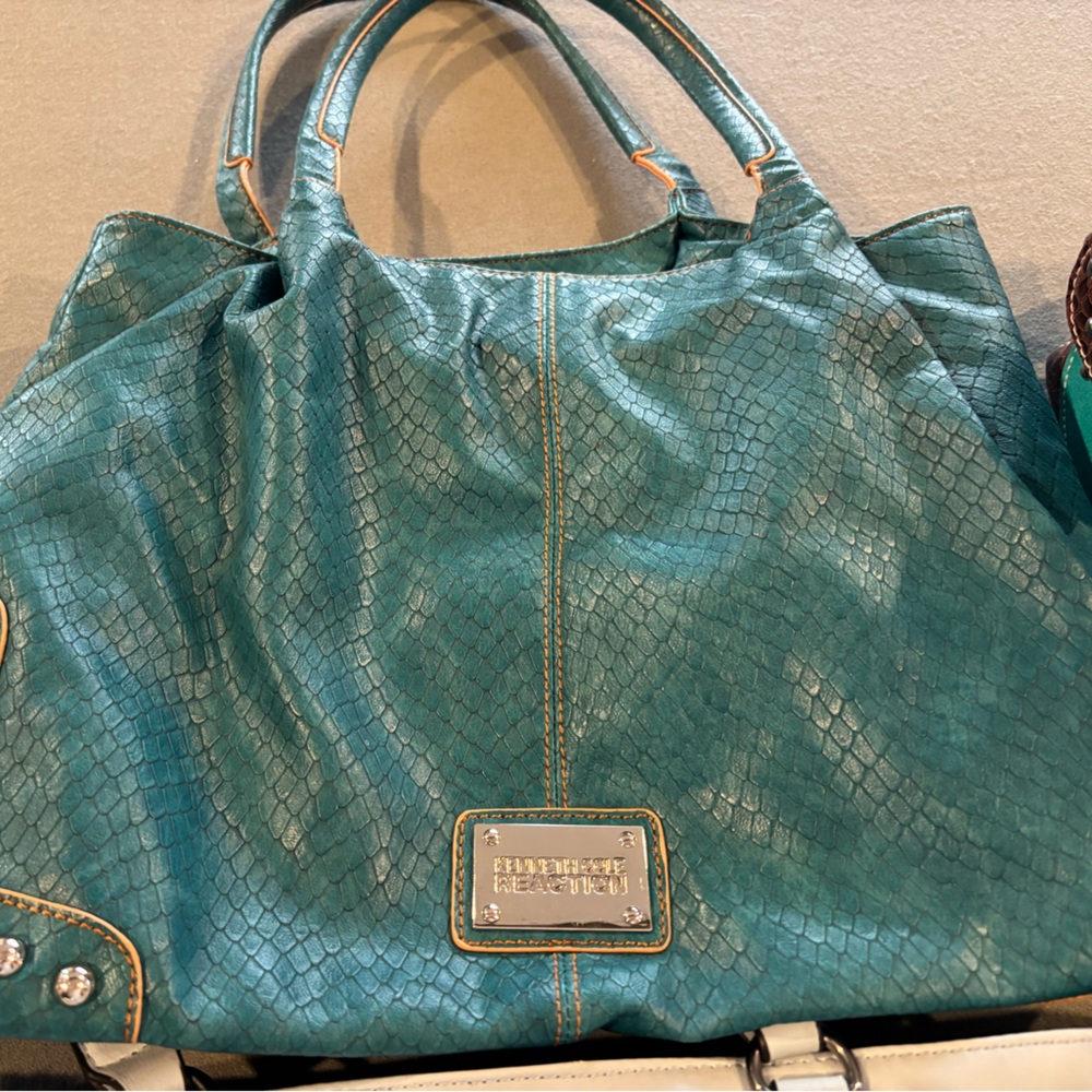 Kenneth Cole Reaction teal faux snakeskin bag. Large tote